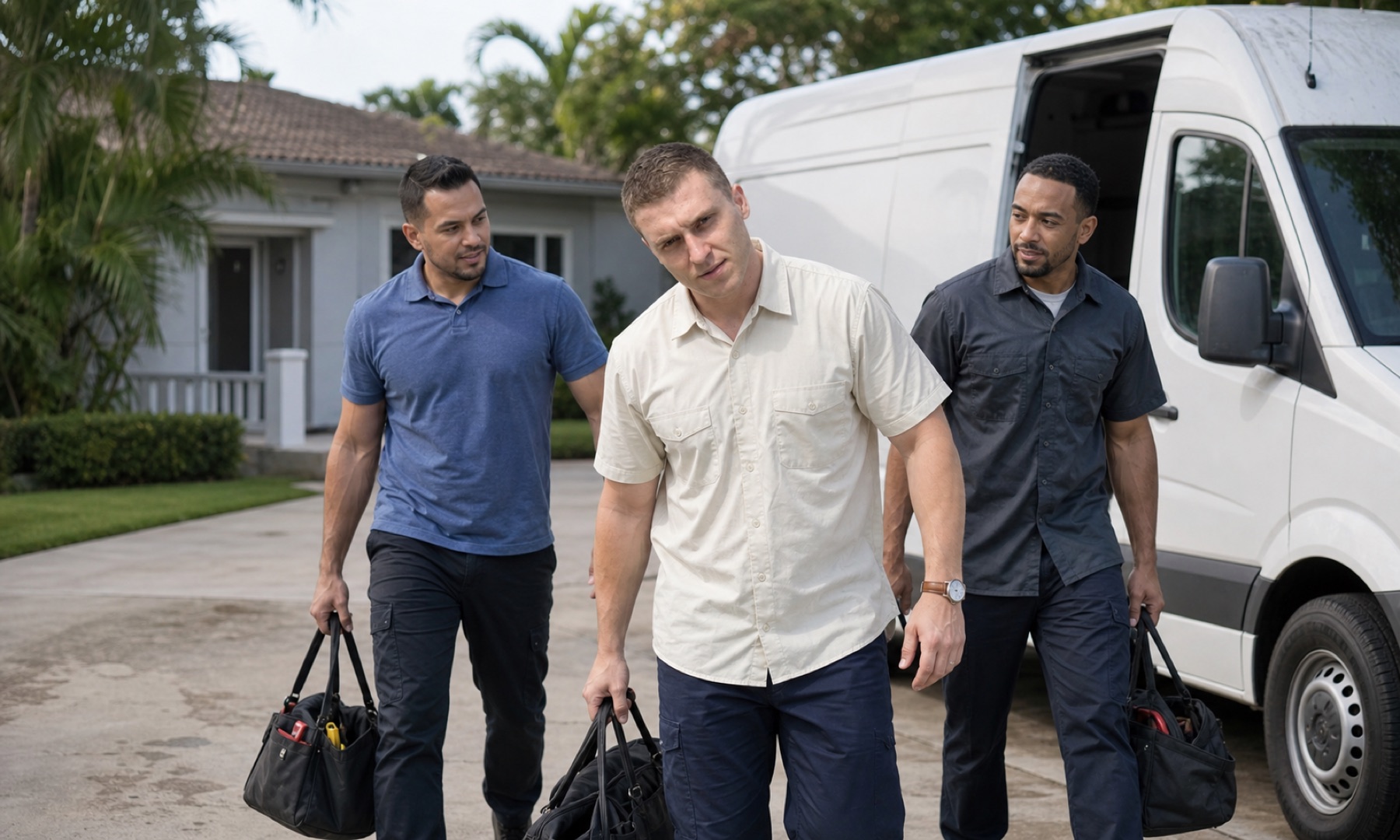 Jacob arriving at a South Florida home with two HVAC technicians