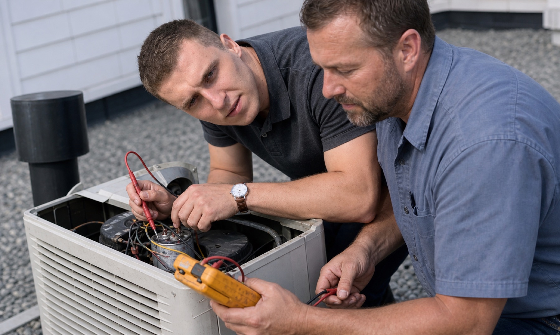 Jacob and a technician diagnosing residential air conditioning equipment together