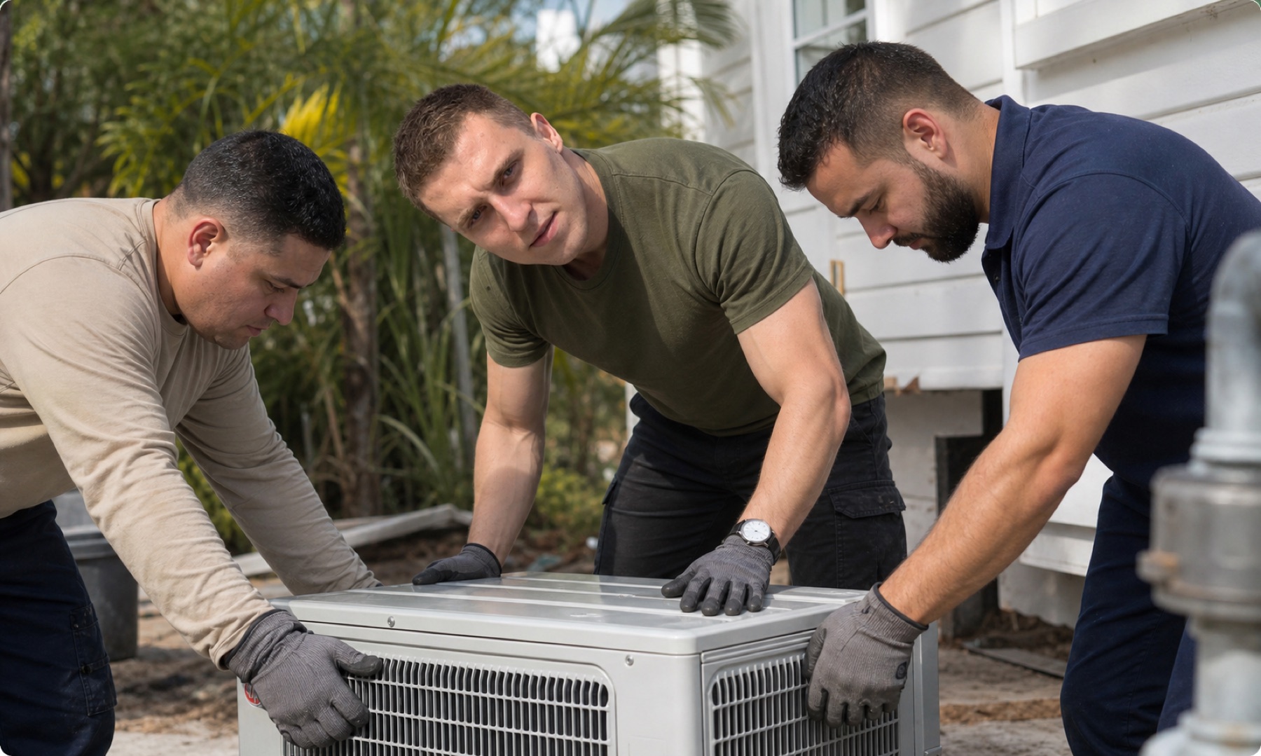 Jacob and two technicians coordinating a residential air conditioning installation